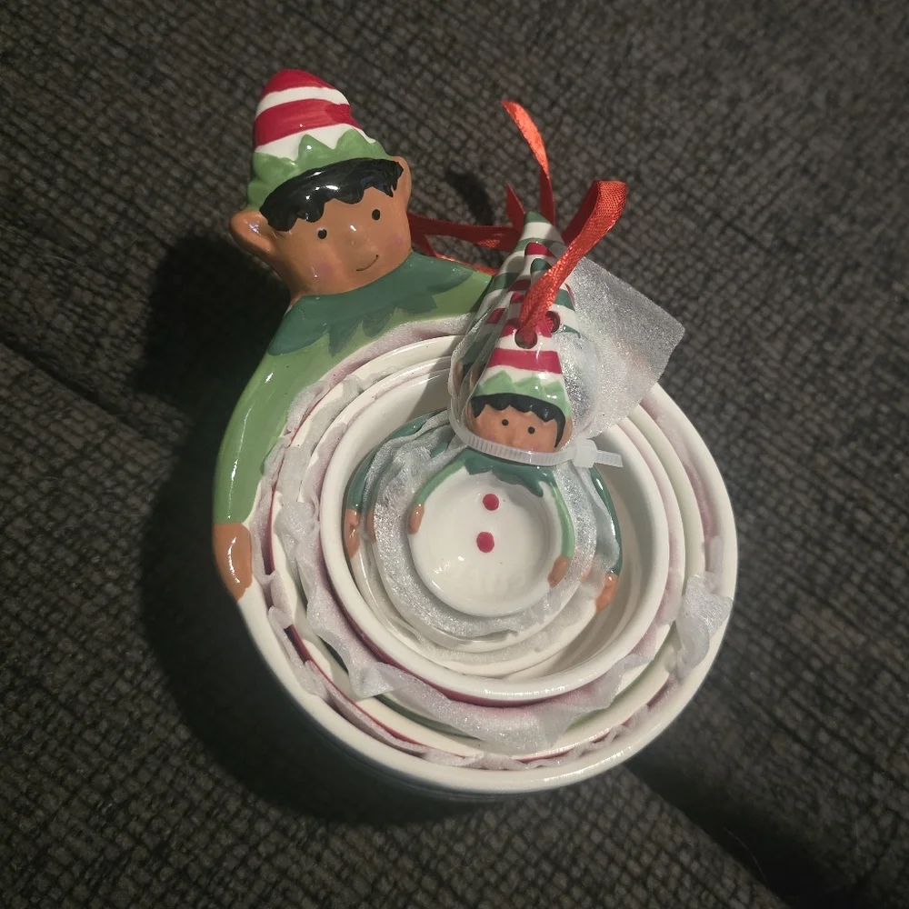 Holiday Time | Ceramic Christmas Elf Nesting Measuring Cup & Spoon Set
